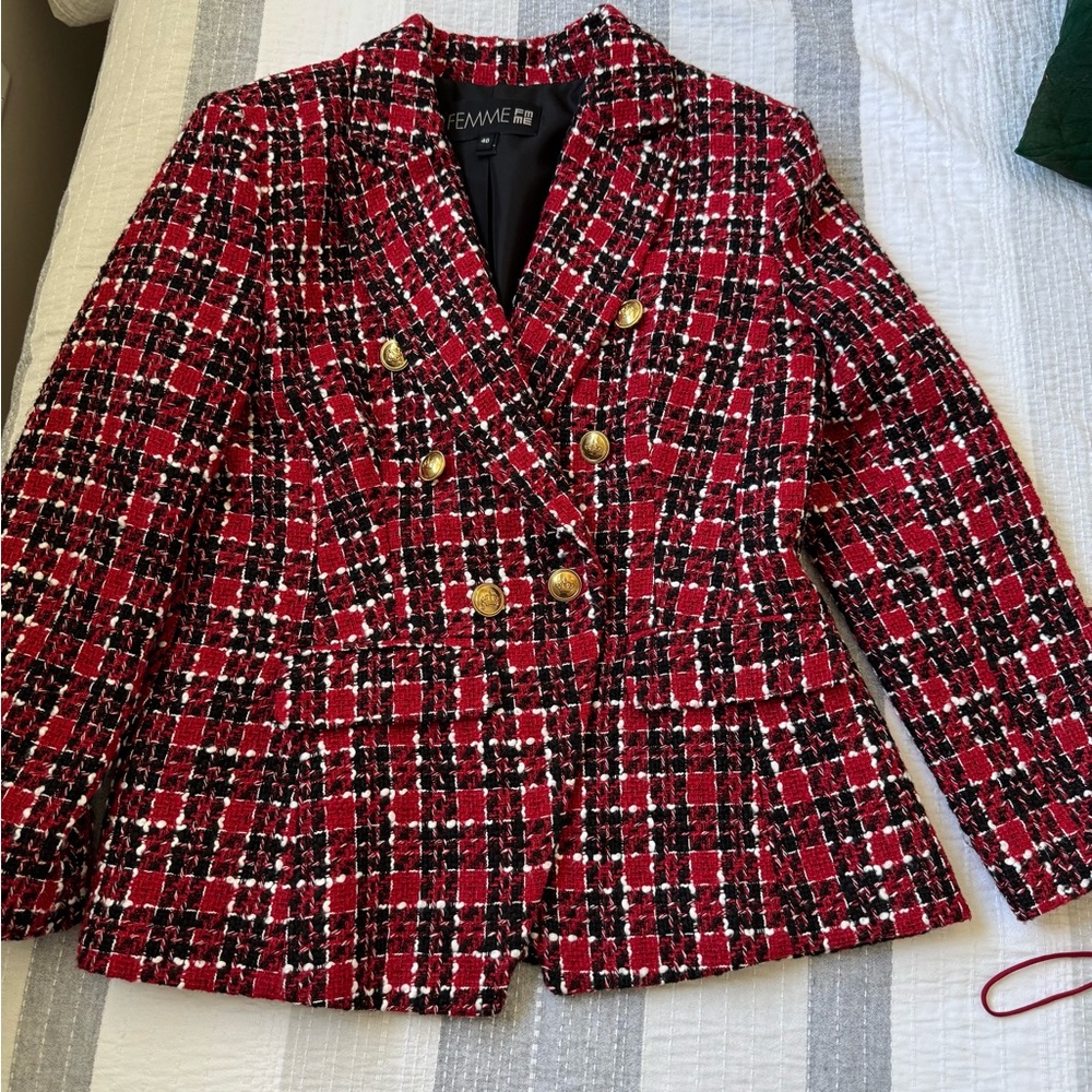 Femme Red Checkered Double-Breasted Blazer